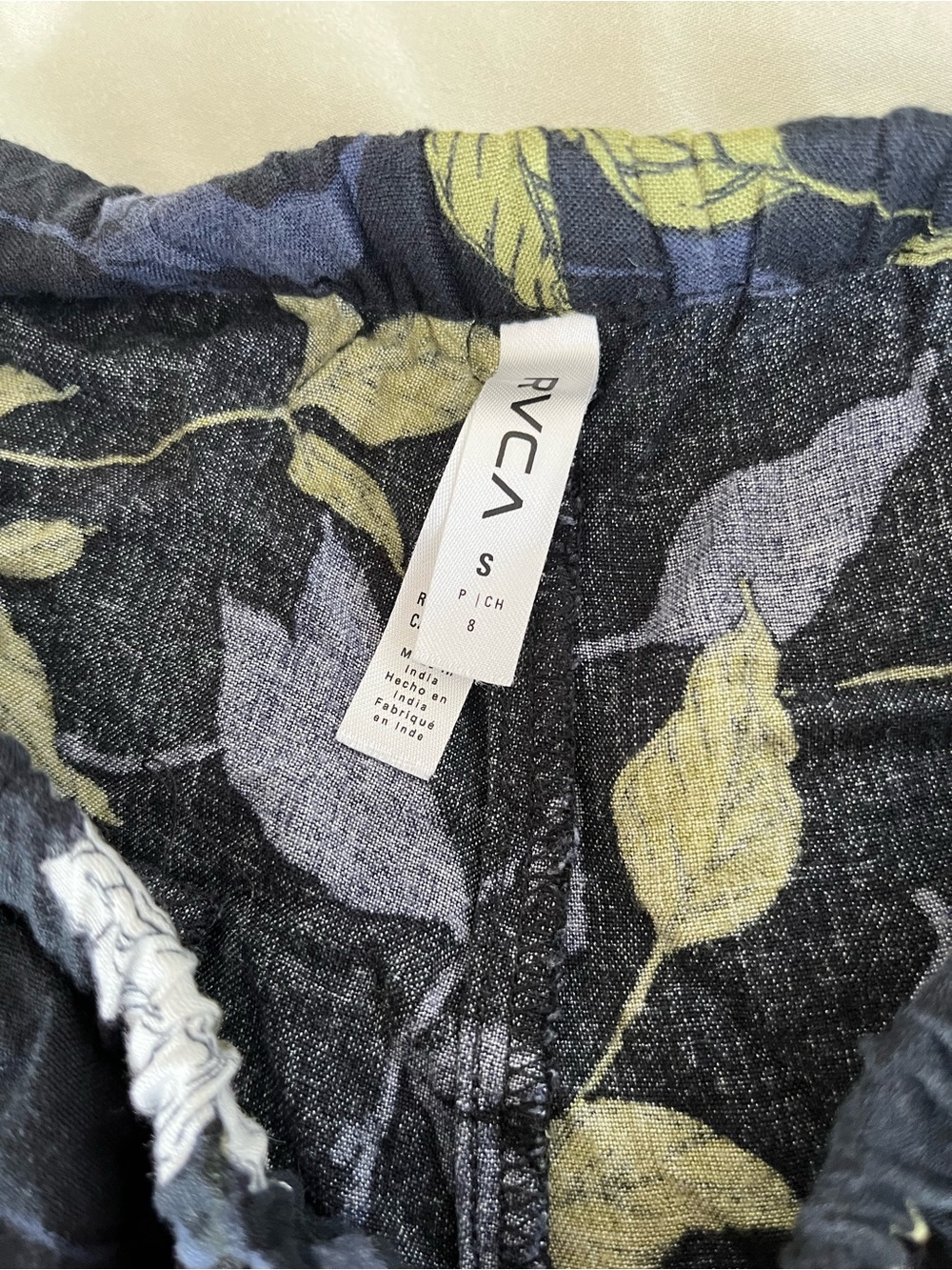 RVCA Dark Navy/Black Floral Print Shorts with Yellow-Green Leaves - Picture 2 of 4